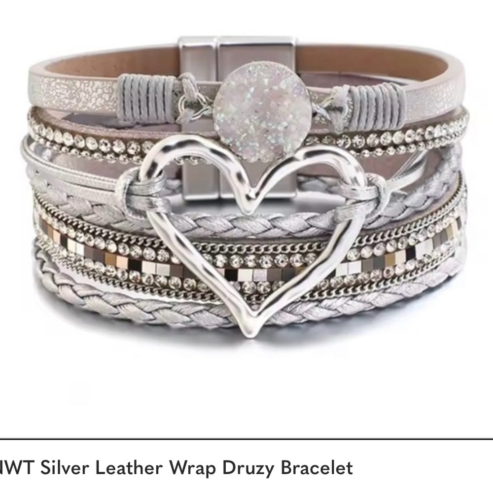 NWT Silver Leather Wrap Druzy Bracelet